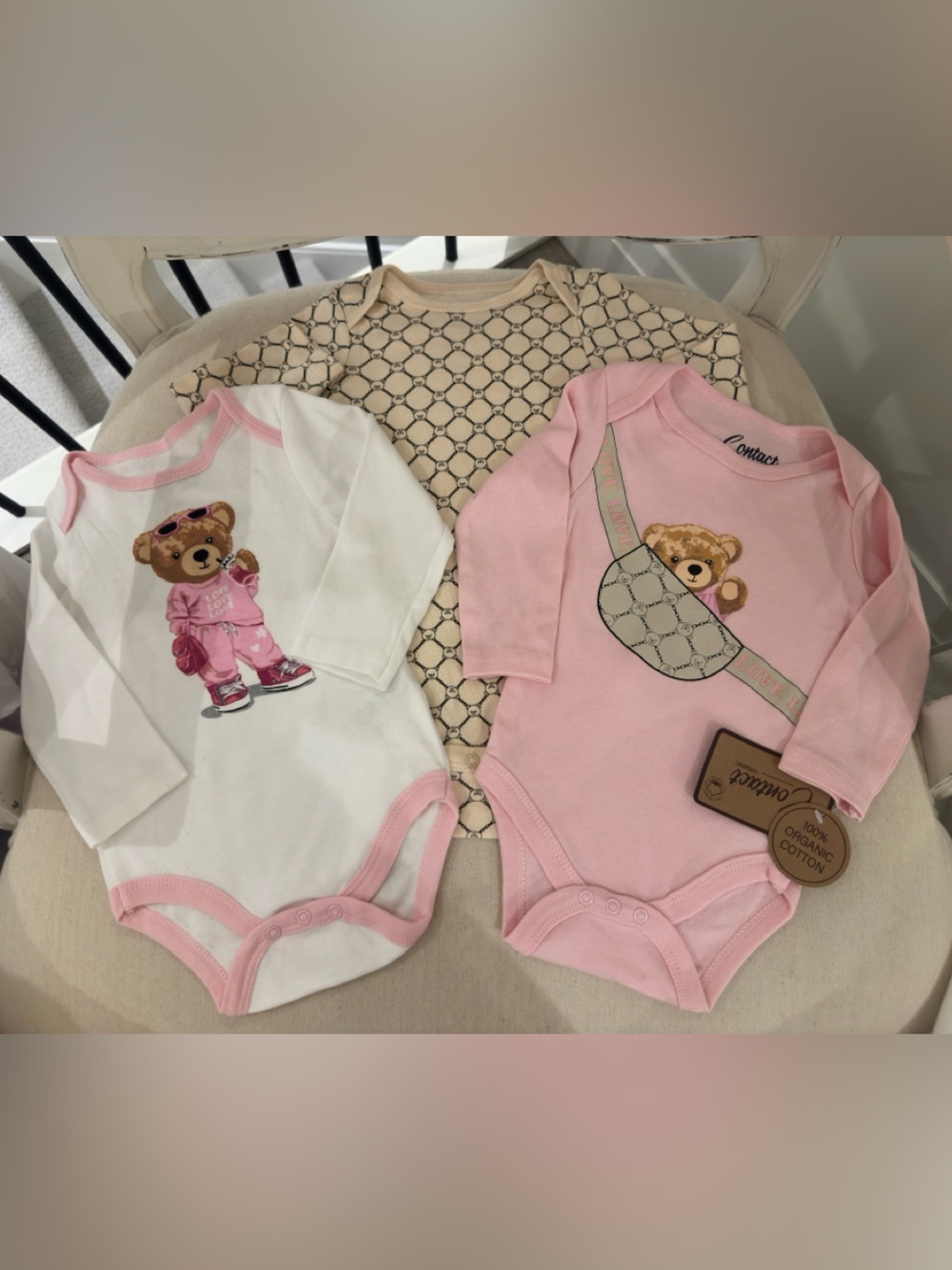 🎀 6~9 Organic Cotton Coquette Designer Baby 3-Piece Teddy Bear Bodysuit Set NWT